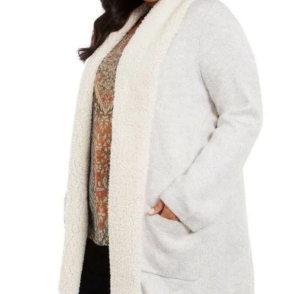 New Style & Co. Womens Plus Sherpa Collar Open Front Sweater Beige - Picture 2 of 9